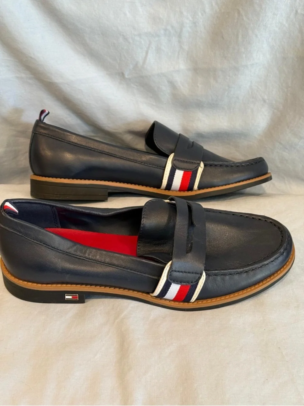 Tommy Hilfiger Navy Leather Penny Loafers with Red Insole - Picture 3 of 4